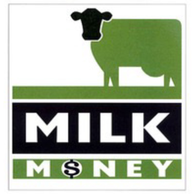 Milk Money Logo of a green body cow with black head